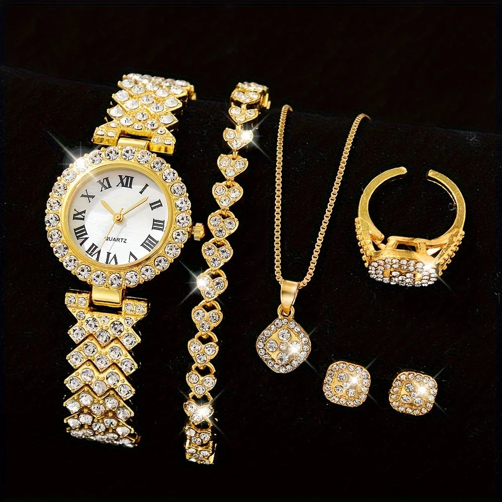 6pcs Women's Luxury Rhinestone Quartz Watch & Jewelry Set. Perfect Gift